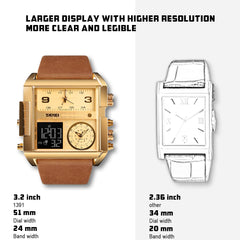 SKMEI Men's Digital Sports Watch, LED Square Large Face Analog Quartz Wrist Watch with Multi-Time Zone Waterproof Stopwatch - multi