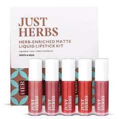 Just Herbs Ayurvedic Liquid Lipstick Kit Set of 5 with Long Lasting Matte Finish, Hydrating & Lightweight Lip Colour, Deeps & Reds - Paraben & Silicon Free - 5 ml
