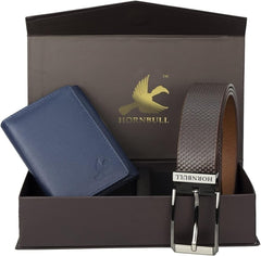 HORNBULL Trifold Genuine Leather Wallet, Up To 44 Inch of Waist, Casual - BW6997(Navy Wallet+Brown Belt)