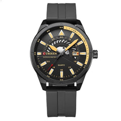 Top Brand Curren 8421 Man Quartz Watch Breathable Rubber Strap Date Display Sport Watches - BLACK