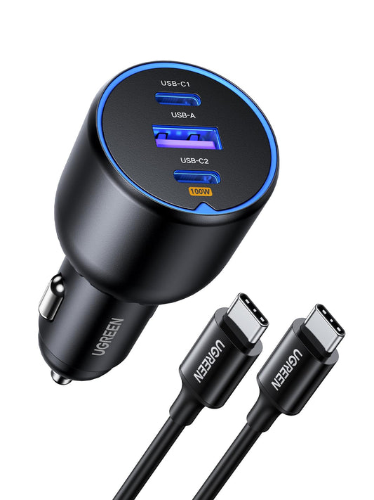 UGREEN 130W Super Fast Car Charger Fast Charging 3-Port USB Car Power Adapter With 100W USB C Cable Car Fast Charger Plug for Samsung S24 Series, Steam Deck, Macbook, Laptops, Tablets, iPhone, Huawei