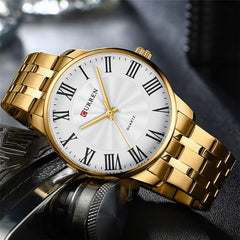 CURREN 8422 Men Quartz Watch Stainless Steel Watche Luxury Business Fashion - GOLD WHITE