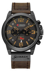 CURREN Dark Brown Chronograph Fashion Trend Multi-Function Waterproof Quartz Watch Leather Strap Military Watch (Coffee)