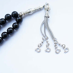 MIACIA 10mm Tasbih Prayer Beads Natural Black Agate Stone Islamic Misbaha Prayer Rosary Beads Muslim Islam Misbaha Bracelet Moon Tasbeeh Sibha 33 Prayer Beads Hand Bracelets, 10mm, Glass, Agate
