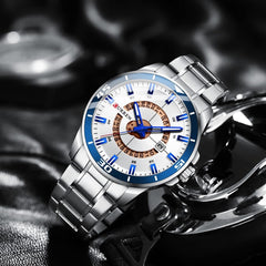 CURREN 8359 luxury business casual men's watch waterproof quartz Stainless steel Band calendar men's watch - SILVER WHITE