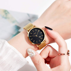 SKMEI Womens Watches Black Slim Thin Luxury Dress Stainless Steel Mesh Watches Fashion Waterproof Ladies Wrist Watch with Date - Gold