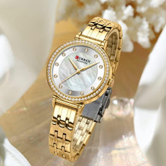 CURREN New Simple Thin Quartz Watch Women's Silver Stainless Steel Wrist Watch With Rhinestones - GOLD
