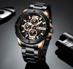 CURREN Men's Luxury Stainless Steel Watch Classic Casual Dress Military Watch Waterproof Chronograph Date Analog Quartz Watch Black