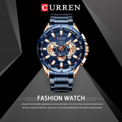 CURREN 8363 Watch for Male Men Quartz Man Wristwatch Watches with Stainless Steel Strap Band Three Sub-Dials Second Minute Microsecond Chronograph Date Calendar Indicator Waterproof Luminous Hands - Blue
