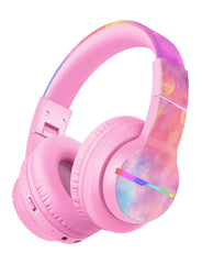 iClever Bluetooth Children's Headphones, Coloured LED Lights, Children's Headphones Over Ear with 74/85 dBA Volume Limit, 85 Hours Playtime, Bluetooth 5.2, Built-in Microphone - Tie-Dye Pink