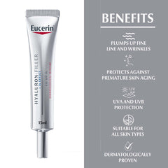 Eucerin Hyaluron Filler Anti-Aging Eye Cream with Hyaluronic Acid, Reduces Eye Wrinkles, UVA & UVB Protection, SPF 15, Moisturizer for All Skin Types - 15ml