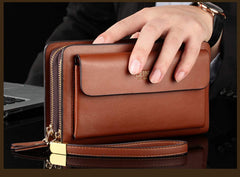 Valentoria Mens Large Long Leather Clutch Hand Bag Wallet Purse Travel Passport Business Cell Phone Holster Credit Card Holder Case for Dad Husband (Brown)