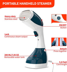 TDOO 1500-Watt Steamer for Clothes, Portable Handheld Garment Steamer, 15s Heating, Lockout and Auto Shutoff Iron 200ml,2-in-1 Fabric Wrinkle Remover Home Travel, Detachable Water Tank (BLUE 1)