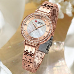 CURREN New Simple Thin Quartz Watch Women's Silver Stainless Steel Wrist Watch With Rhinestones - ROSE