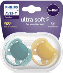 AVENT Philips Ultra Soft Pacifier 2 Pack - BPA-Free Dummy for Babies from 6-18 Months (Model SCF091/04)