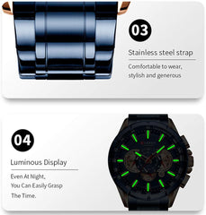 CURREN 8363 Watch for Male Men Quartz Man Wristwatch Watches with Stainless Steel Strap Band Three Sub-Dials Second Minute Microsecond Chronograph Date Calendar Indicator Waterproof Luminous Hands - Blue