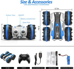FREE TO FLY Remote Control Car Boat Truck- Amphibious 4WD Stunt Cars 2.4Ghz Rotating 360° Offroad Terrain RC Vehicle Water Land for Kids 8 9 10 11 12 Years Old (Blue)