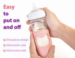 Aelop 100% Silicone Baby Bottle Sleeves for Philips Avent Natural Glass Baby Bottles, Premium Food Grade Silicone Bottle Cover, Cute Bear Design, 8oz, Pack of 2 (Pink and Purple)