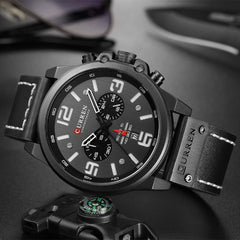 CURREN Black Chronograph Fashion Trend Multi-Function Waterproof Quartz Watch Leather Strap Military Watch (Black)
