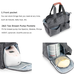 MOMIGO Breast Pump Bag - Baby Diaper Tote Bag with Laptop Sleeve Fit 15 Inch Laptop and Insulation Pocket, Fit Most Breast Pumps Like Medela, Spectra S1,S2 AVENT(Grey)