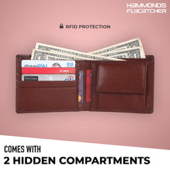 HAMMONDS FLYCATCHER Genuine Leather Wallet for Men, RFID Protected Leather Purse for Men, Money Purse for Men, Bi-Fold Wallet, 4 Card Slots, Coin Pocket, Hidden Pockets - Brown