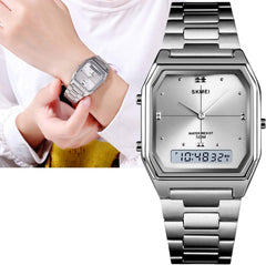 Skmei Women's Watch Silver AnaDigi Original Square 1612, Médio, bracelet - Silver