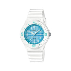 Casio Womens Quartz Watch, Analog Display and Resin Strap White/Pattern Blue