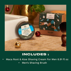 The Body Shop Scruff & Kisses Shaving & Grooming Gift Set β Maca Root & Aloe Shave Cream For Men (6.91 fl oz) & A Shaving Brush