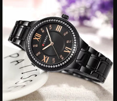 CURREN Ladies Analog Watch Black Stainless Steel Case Black Dial Black Stainless Steel Bracelet