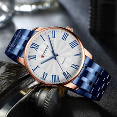 CURREN 8422 Men Quartz Watch Stainless Steel Watche Luxury Business Fashion - BLUE WHITE
