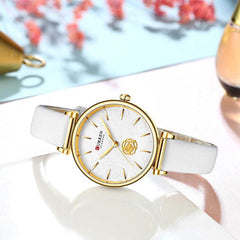 CURREN Women's Analog Watch, Rose Detail in Carture and Texture on Background, Extendable Leatherette Adjustable Buckle Clasp Classic Female Design, White, s,