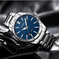 CURREN New Model CURREN Brand Light Up Dial Male Watch Simple 43mm Big Dial Stainless Steel Strap Waterproof 3ATM Men's Clock 8452 - SILVER BLUE