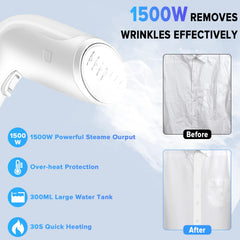 Necomi Handheld Garment Steamer, 1500W Steam Iron with 300ML Large Water Tank, Wrinkle Remover with iron steamer, 30S Fast Heating, Auto-off, Portable Steamer Clothes for Travel, Home, Office