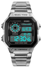 SKMEI Men's Watch Digital Sport Men Wrist Watch Luxury Stainless Steel Waterproof LED Display Wristwatches - Silver