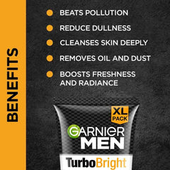 Garnier Men Turbo Bright Double Action Charcoal Facewash, 150g
