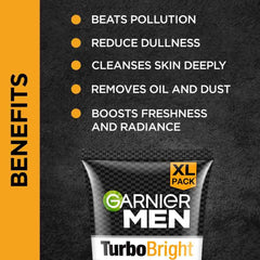 Garnier Men Turbo Bright Double Action Charcoal Facewash, 150g