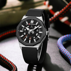 CURREN Men's quartz, sports brand Luxury Original Waterproof with calendar and rubber strap, 8437 - BLACK