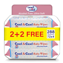 Cool & Cool Baby Wipes 72βs 2+2 Free (Pack of 4) - Alcohol Free,Paraben Free,Vitamin E,Aloe Vera,Ultra Soft & Gentle for Sensitive & Delicate Skin - 288 Wipes