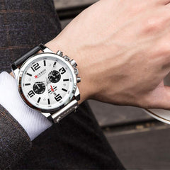 CURREN White Chronograph Fashion Trend Multi-Function Waterproof Quartz Watch Black Leather Strap Military Watch (Silver White)