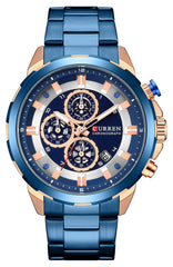 CURREN Watch Men's Luxury Quartz Watch Men's Calendar Chronograph All Stainless Steel Waterproof Watch (Blue)