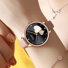CURREN Women's Analogue Bracelet Watch, Dial with Hearts and Rhinestone Inlays, Extendable Faux Leather, Adjustable Buckle Clasp, Rosa, S, strip - Beige