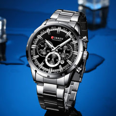 CURREN Mens Watch Sport Quartz Chronograph Wristwatches with Luminous Hands Fashion Stainless Steel Clock Date - Silver