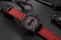 CURREN Watches for Men Red Leather Strap Watch Classic Casual Dress Military Watch Waterproof Chronograph Date Analog Quartz Watch (Black red)