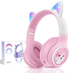 Excefore Bluetooth Cat Ear Headphones for Kids, Wireless & Wired Mode Foldable Headset with Mic, RGB LED Light, for Girls School Gaming, Compatible with Mobile Phones PC Tablet (Pink)