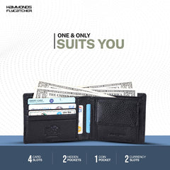 HAMMONDS FLYCATCHER Genuine Leather Wallet for Men, RFID Protected Leather Purse for Men, Money Purse for Men, Bi-Fold Wallet, 4 Card Slots, Coin Pocket, Hidden Pockets - Black