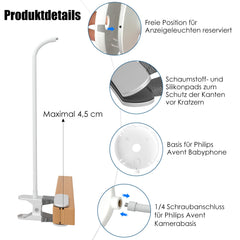 inRobert Baby Monitor Holder for Philips Avent Baby Monitor SCD843/26, SCD833/26, SCD630/26, Suitable for Table and Crib Rails with a Thickness of Less than 4.5 cm (Clip Stand)