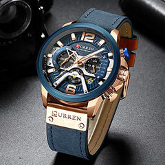 CURREN Watches Men Quartz Leather Chronograph Watch and Fashion Bracelet Set Analog Watches for Men Luxury Wristwatch Gifts for Dad Boyfriend, Blue, Quartz Watch,Chronograph