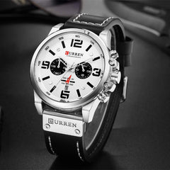 CURREN White Chronograph Fashion Trend Multi-Function Waterproof Quartz Watch Black Leather Strap Military Watch (Silver White)