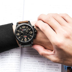 CURREN Dark Brown Chronograph Fashion Trend Multi-Function Waterproof Quartz Watch Leather Strap Military Watch (Coffee)