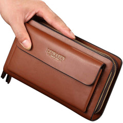 Valentoria Mens Large Long Leather Clutch Hand Bag Wallet Purse Travel Passport Business Cell Phone Holster Credit Card Holder Case for Dad Husband (Brown)